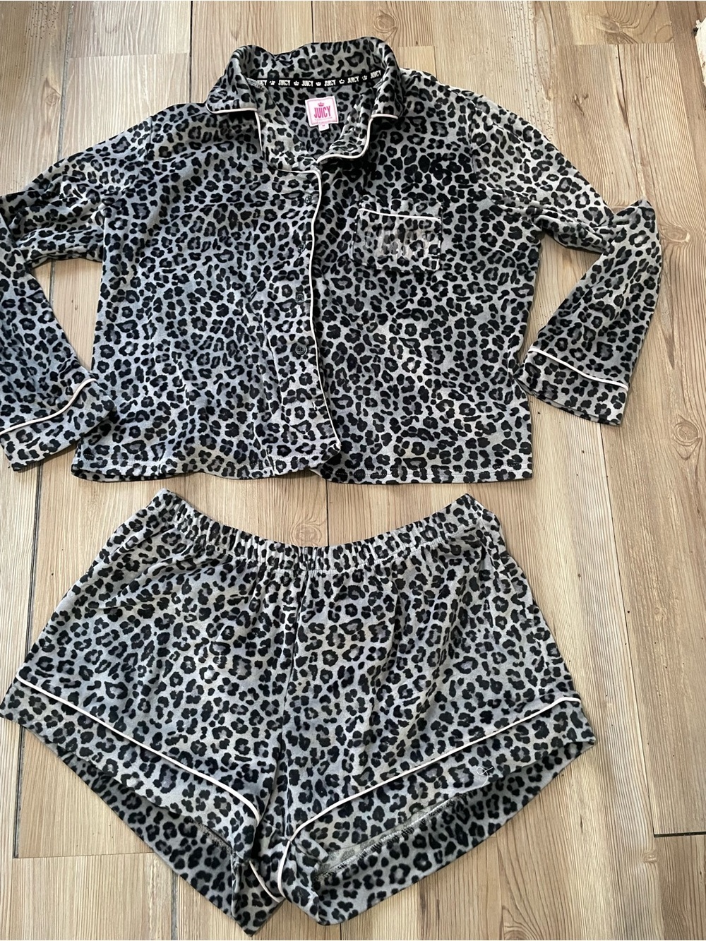 Juicy Couture Gray and Black Leopard Print Pajama Short Set